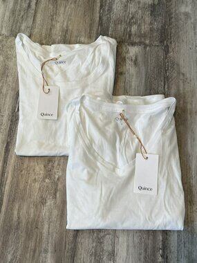 NWT! Quince Set of 2 White Cotton-Modal Tees, Scoop Neck and V-Neck, Large